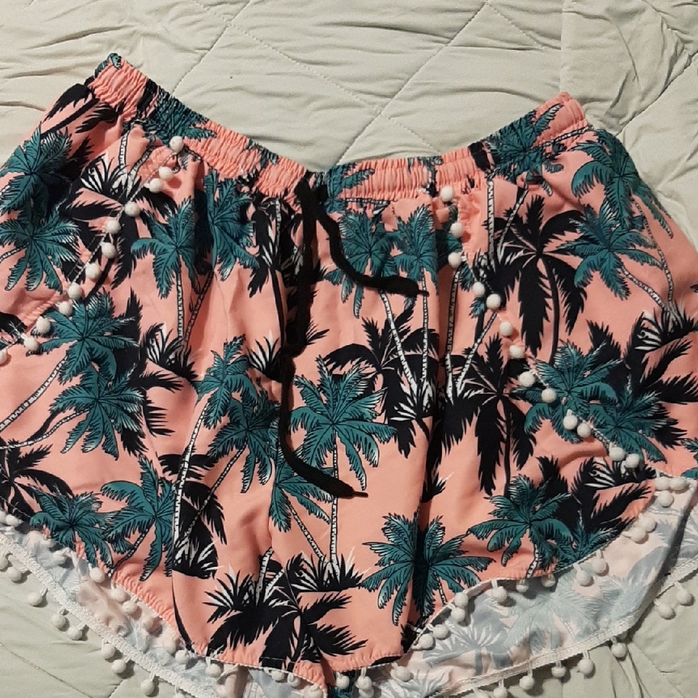 Tropical Palm Print Elastic Waist Shorts With White Poms,  2xl